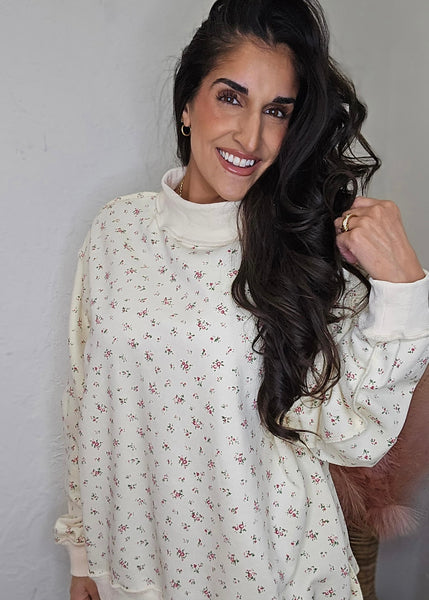 Floral Print Oversized Mock Neck Sweatshirt