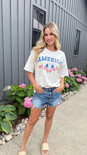 "America" Rhinestone White Bow Flag Tee