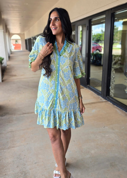 Sailing Away Floral Print Button Up Short Sleeve Dress