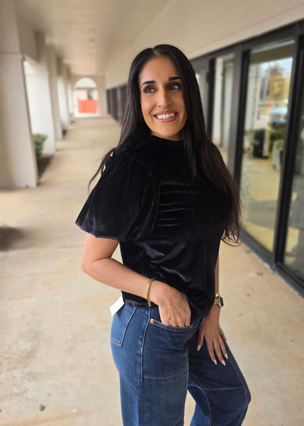 Dinner Plans Black Velvet Puff Sleeve Top