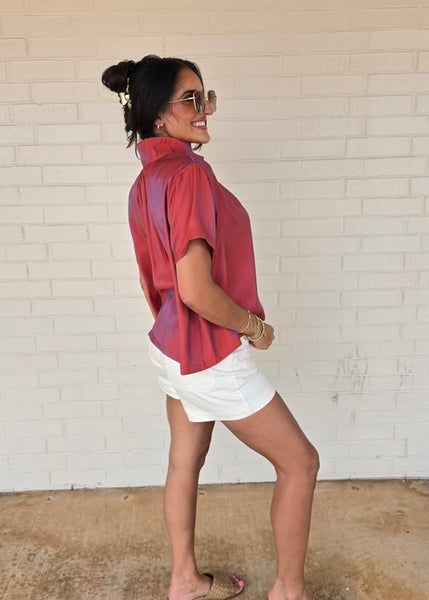 Sunset Serenade Rust Iridescent Short Sleeve Top