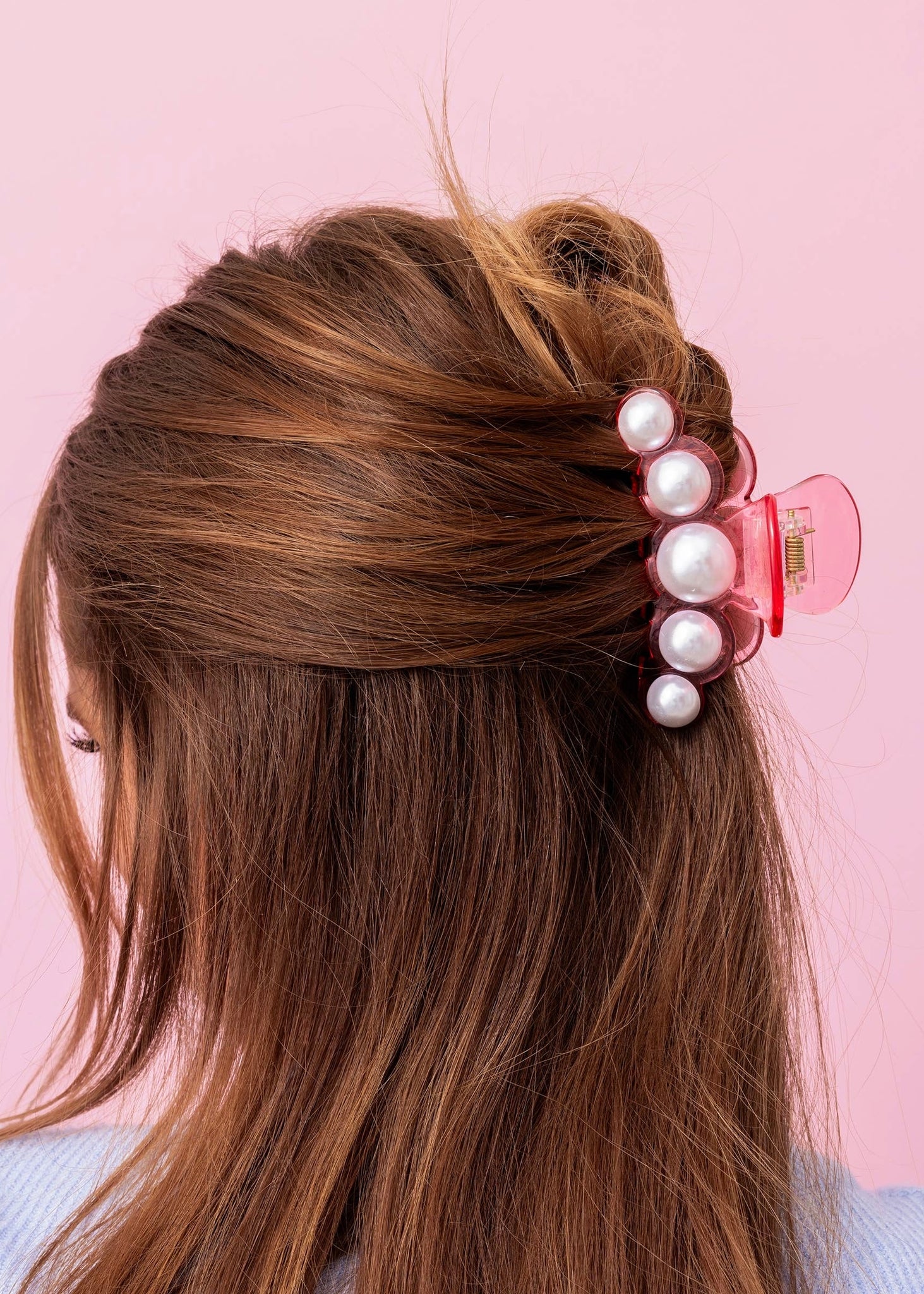 Claw Hair Clip - Large - Translucent Pink w/ Pearl Beads