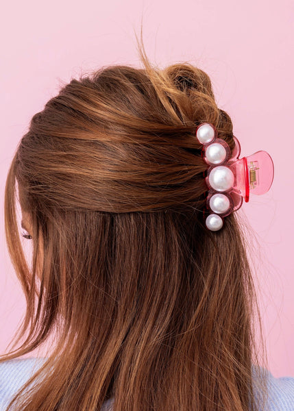 Claw Hair Clip - Large - Translucent Pink w/ Pearl Beads