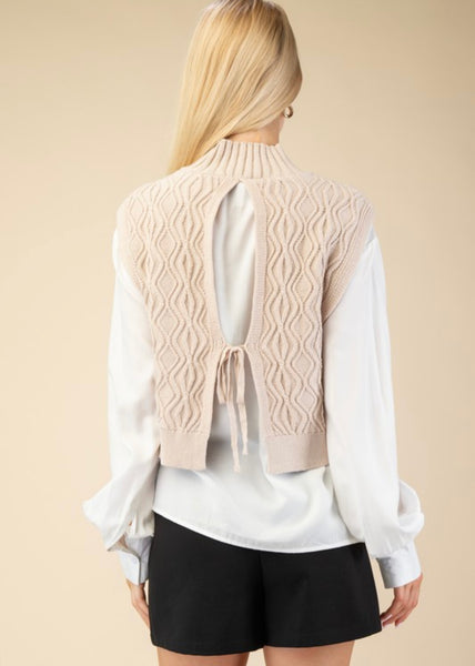 Beat Goes Beige Sweater Vest Layered Over White Blouse