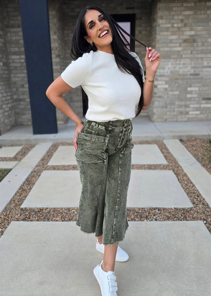 Seasonal Olive Corduroy Fray Hem Pants