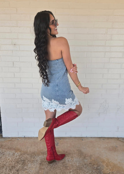 Have Mercy Denim & Lace Strapless Dress