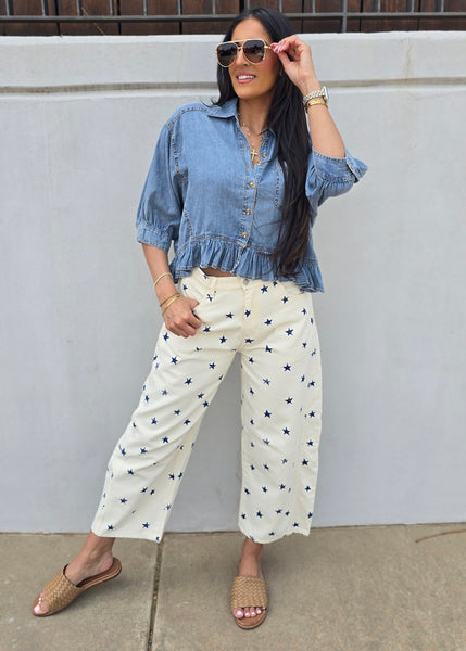 In Full Swing Button Up Denim Top