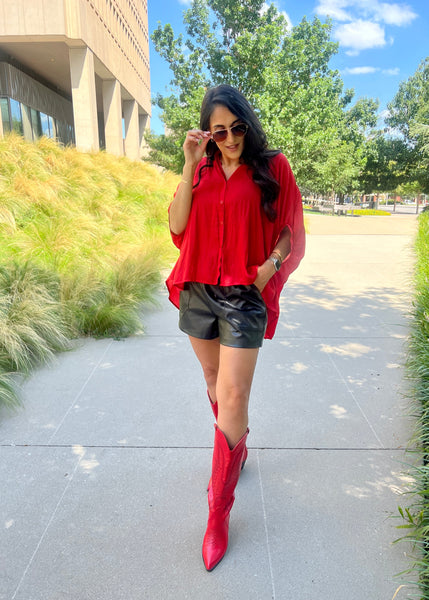 Embraceable You Oversized Red Satin Shirt