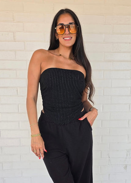Out For The Night Black Pin Striped Tube Top