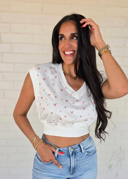Ditsy Floral White V Neck Crop Top