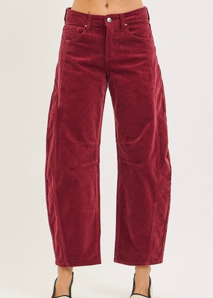 Adeline Crimson Corduroy Barrel Pants