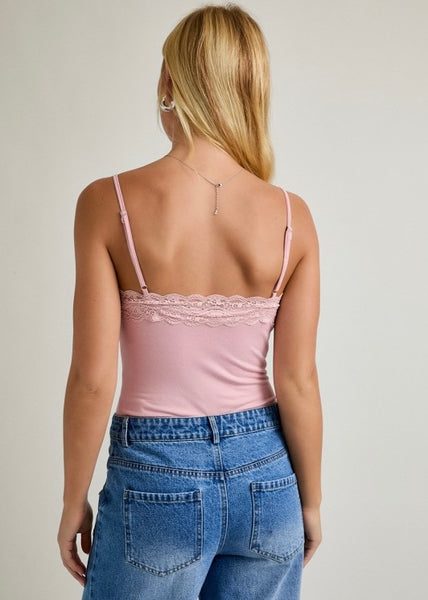 Makes Sense Pink Laced Trim Bodysuit