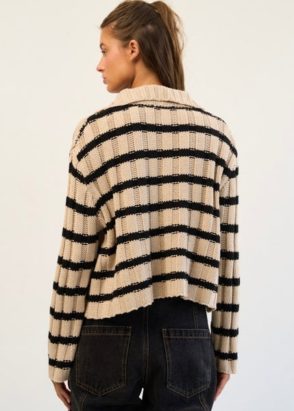 Unwind Taupe/Black Stripe Zip Up Sweater