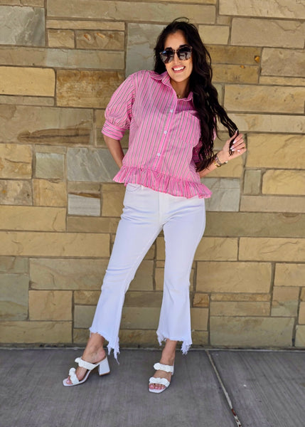 Reaching Out Pink Striped Button Up Top