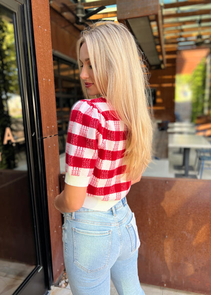 Check It Out Red & White Plaid Short Sleeve Sweater