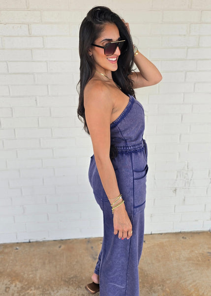 No Exposure Navy Strapless Jumpsuit