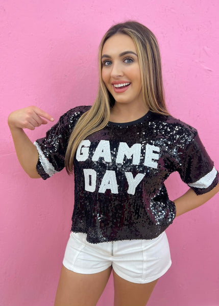 GAME DAY Black Sequin Crop Top