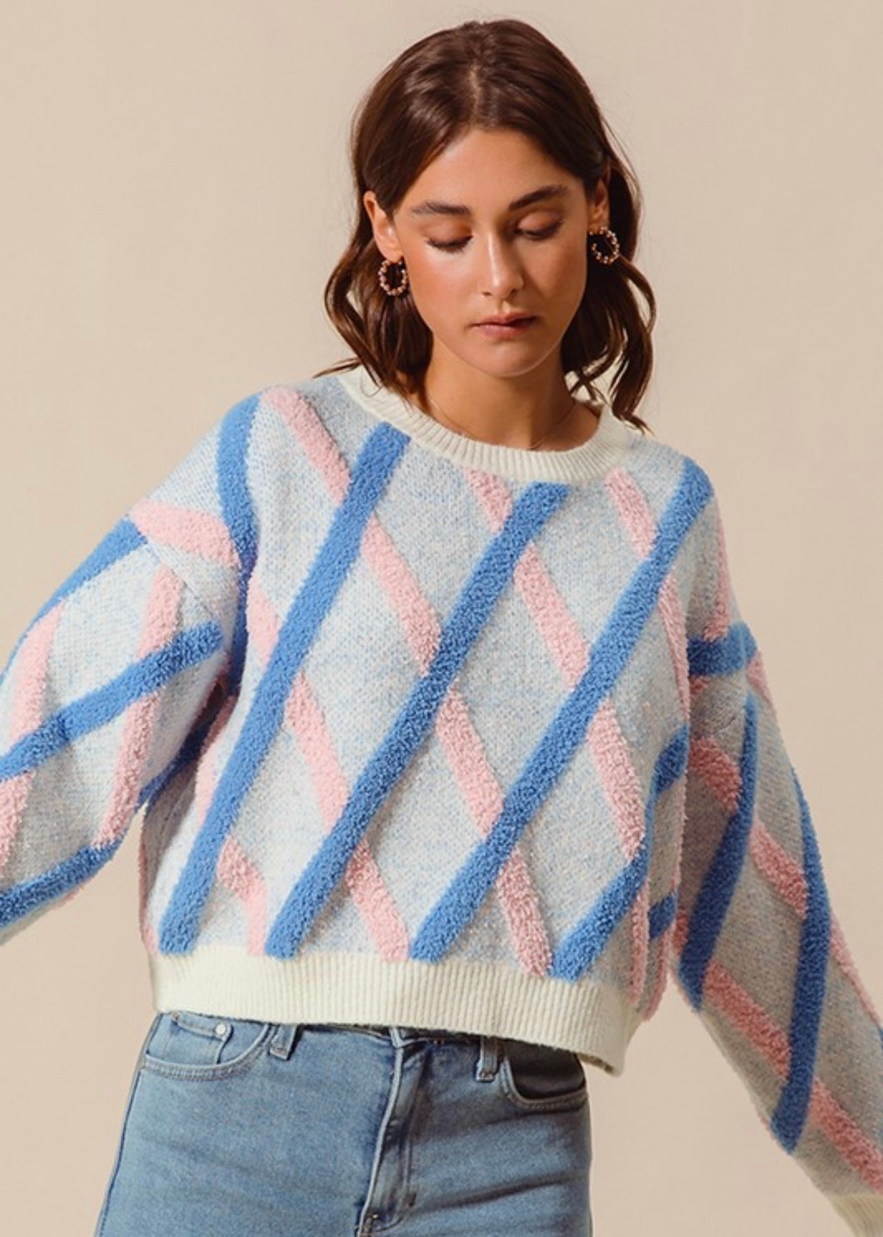 Beyond Me Blue Fluffy Diagonal Striped Sweater Top