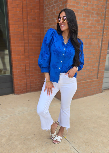 Beauty Mark Blue Patterned Button Up Top