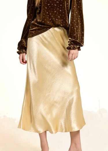 Shimmer Time Beige Gold Satin Midi Skirt