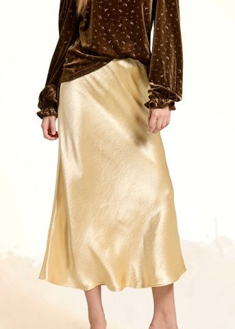 Shimmer Time Beige Gold Satin Midi Skirt