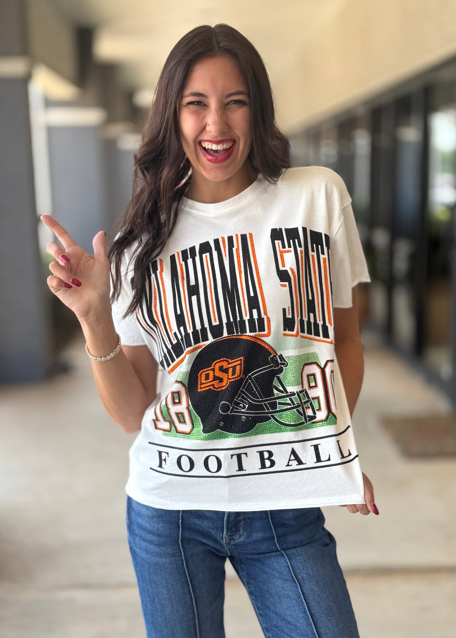 Oklahoma State University Rhinestoned Helmet Stadium Tee