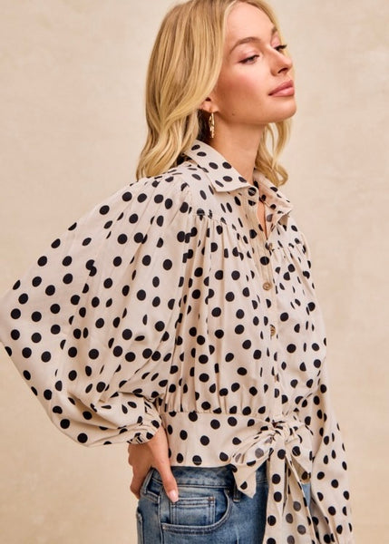 Dots Galore Cream/Black Polka Dot Tie Top