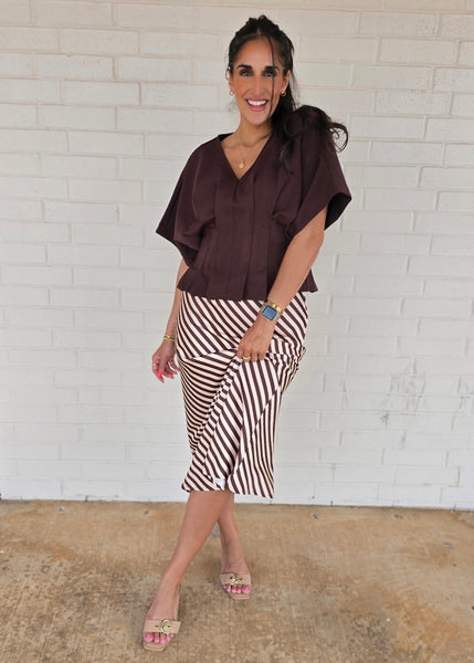 More Fun Brown/Cream Striped Midi Skirt