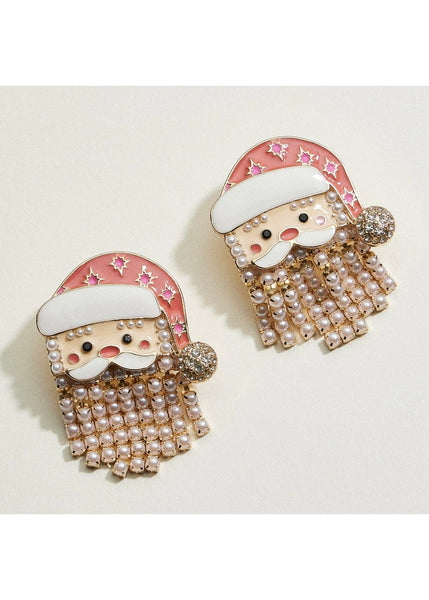 Pearl Fringe Santa Face Earrings | Enamel Holiday Studs