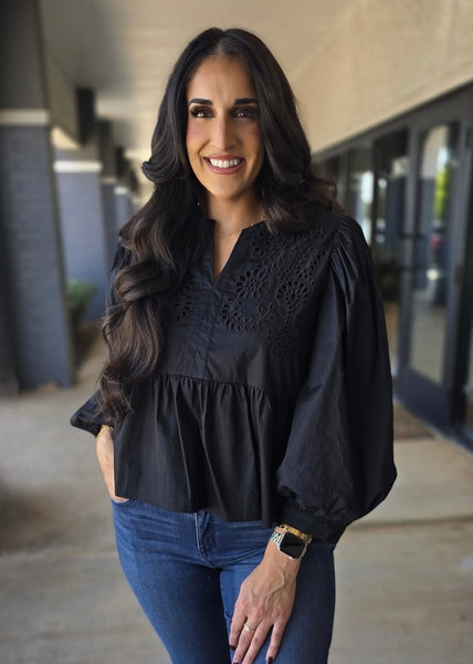 Begin Again Black Eyelet Accent Peplum Top