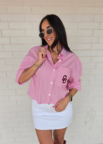OU Logo Patch Striped Semi Cropped Button Up Top