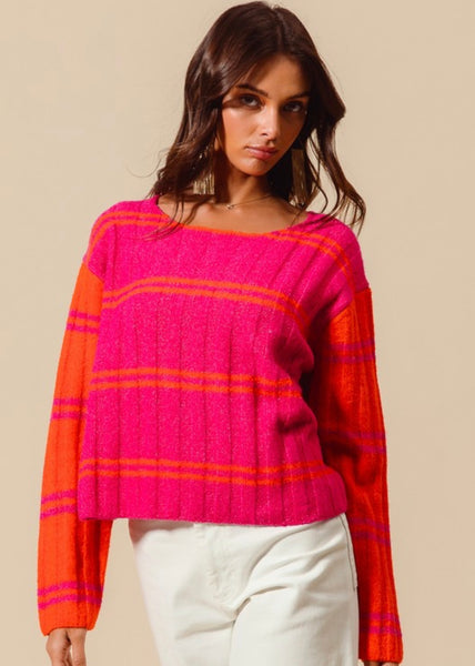 A Cozy Place Fuchsia/Orange Striped Sweater