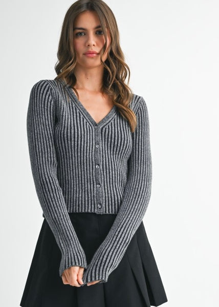 Places To go Black Ribbed Button Up Fitted Cardigan