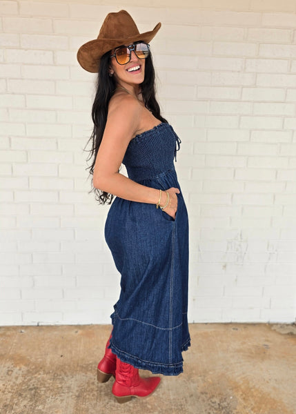 Love Language Denim Strapless Midi Dress