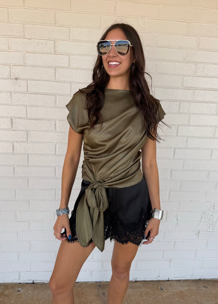 Positive Attitude Olive Asymmetrical Tie Waist Blouse
