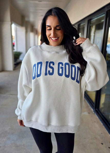 "Jesus/God Is Good" Reversible Grey Oversized Mock Neck Sweatshirt