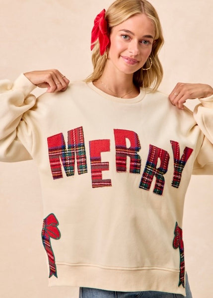 Merry Side Bow Christmas Sweatshirt - Cream/Plaid