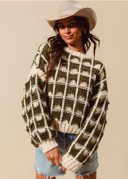 Enough Said Olive & Ivory Loose Fit Chunky Sweater