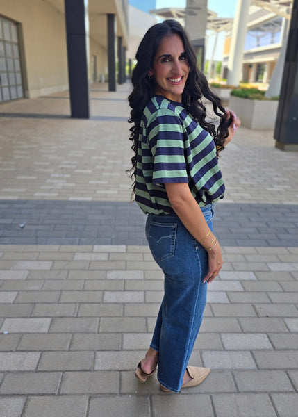 Walk This Way Navy/Olive Cropped Bubble Tee