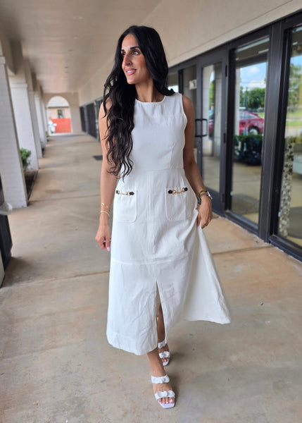 Standing Strong White Sleeveless Denim Midi Dress