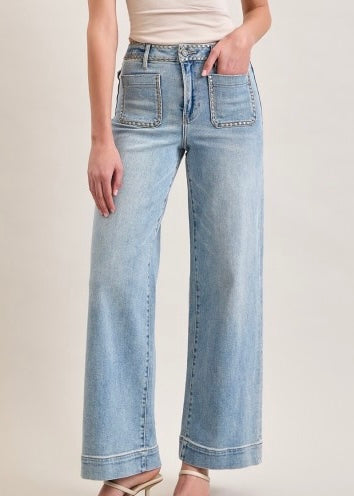 Nori High Rise Studded Wide Leg Stretch Jeans