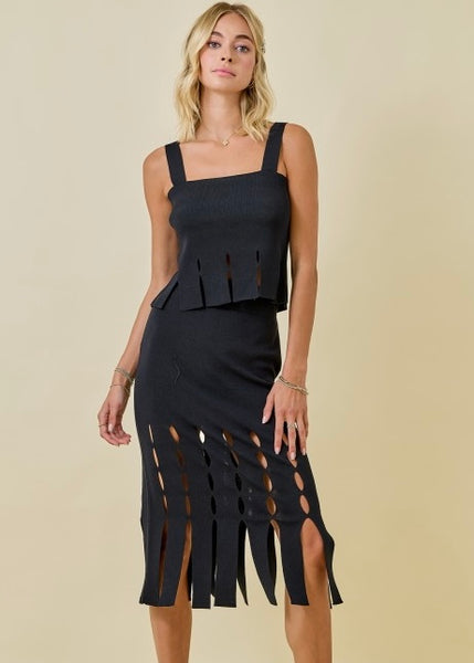 Just One Look Black Fringe Midi Skirt