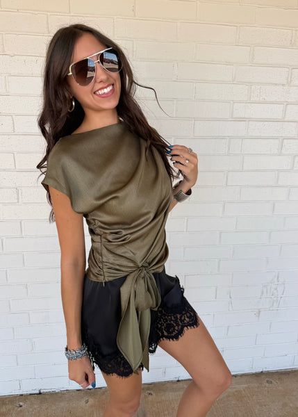 Positive Attitude Olive Asymmetrical Tie Waist Blouse