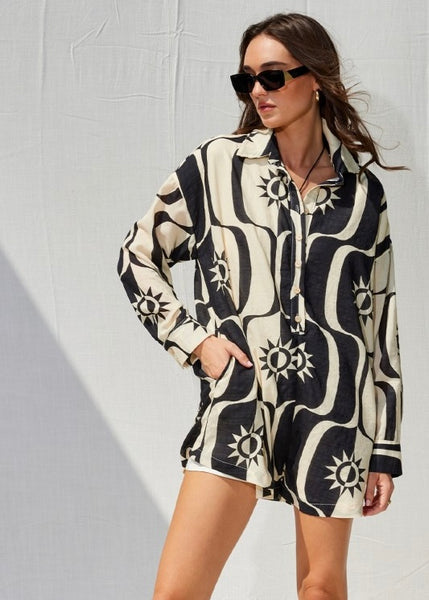 Suns Out Black & Beige Button Up Romper