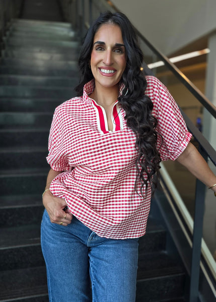 It's A Gem Red Plaid Short Sleeve Blouse
