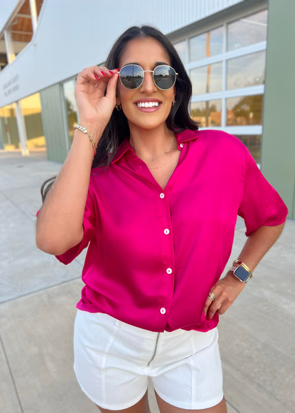 Always Hope Hot Pink Satin Button Up Shirt