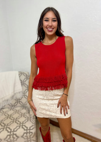 Fringe Fanatic Red Sleeveless Knit Top With Fringe Hem