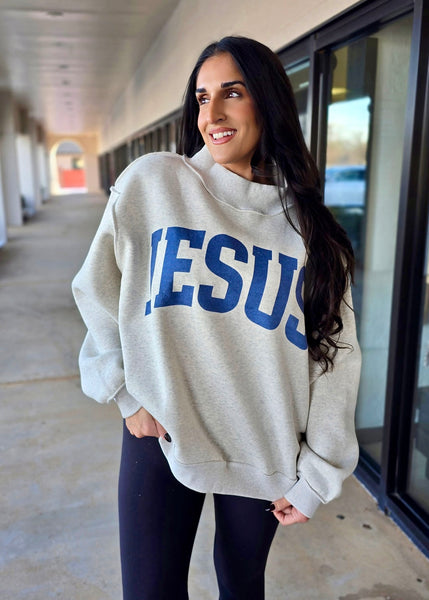 "Jesus/God Is Good" Reversible Grey Oversized Mock Neck Sweatshirt