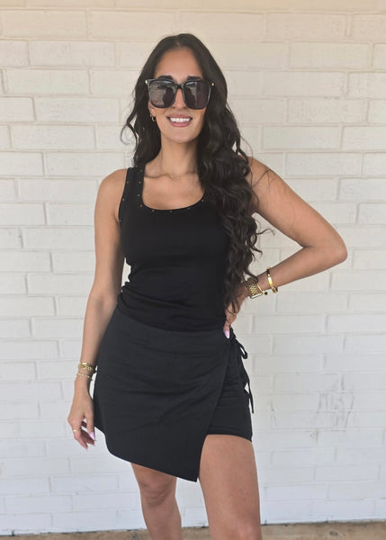 No Pretending Black Denim Wrap Mini Skort