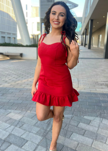 Tie My Love Red Denim Mini Dress